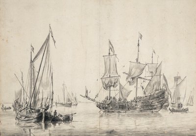 Segelbåtar och en holländsk fregatt som torkar sina segel. Teckning och lavering (26x37 cm), av William van de Velde l