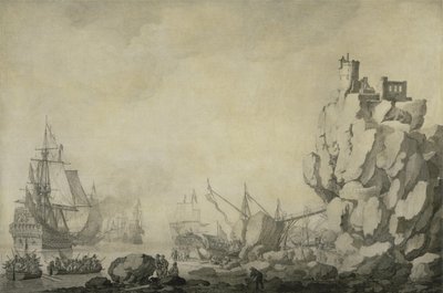 Skepp och milis vid en stenig strand, ca 1680 (penna och bläck på förberedd duk) av Willem van de the Elder Velde