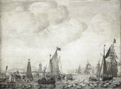 Handelsfartyg till Orienten och deras eskort, lämnar Vlie (eller Vliestroom), sjövägen mellan öarna Vlieland och Treschelling (Holland), 9 juni 1645 av Willem van de the Elder Velde