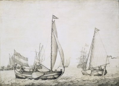 Två holländska fartyg vid starten, troligen i Amsterdams hamn (Holland). Grisaille på trä, ca 1660, av Willem van de Velde (1611-1693). av Willem van de the Elder Velde