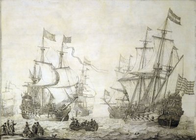 Två handelsfartyg från Nederländska Ostindiska Kompaniet lämnar kusten i lugna vindar. Grisaille på trä av Willem van de the Elder Velde