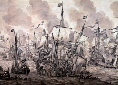 slaget vid Öresund mellan den holländska och den svenska flottan, 8 november 1658. Detalj - Olje- och bläckmålning av Willem van de the Elder Velde