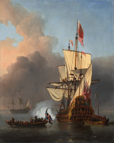 Ett engelskt krigsfartyg avfyrar en salut av Willem van de the Younger Velde