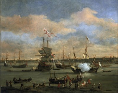 Britisches Handelsschiff in einem Hafen im Mittelmeer von Willem van de Velde the Younger