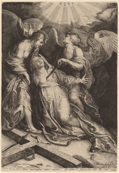 Mater Dolorosa knästående, med stöd av två änglar av Willem van der Leeuw after Sir Peter Paul Rubens