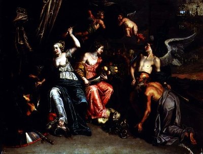 Jordbruk åtföljd av berömmelse som dyrkar Ceres som en harpy trampas under fötterna och Minerva övervinner Mars (olja på koppar) av Willem van the Elder Herp