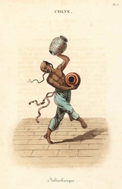 Kinesisk jonglör som dansar och jonglerar med två stora vaser. av William (after) Alexander