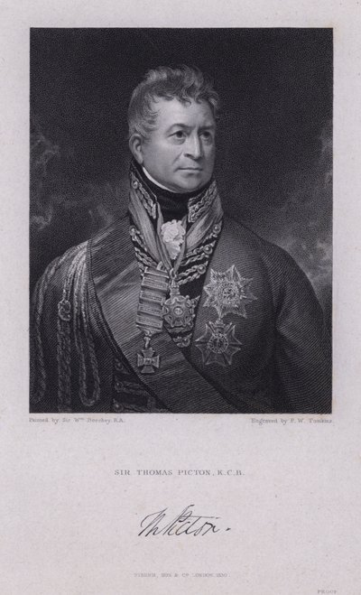 Sir Thomas Picton, walesisk general från Napoleonkrigen dödad i slaget vid Waterloo (gravyr) av William (after) Beechey
