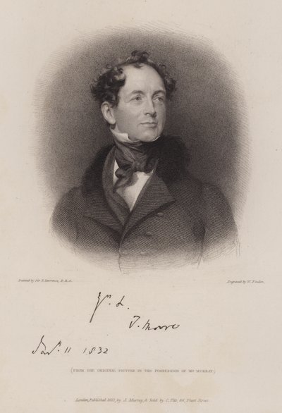 Thomas Moore, irländsk poet och biograf över Lord Byron (gravyr) av William (after) Finden