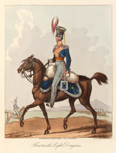 "Fjortonde ljusa dragoner" (akvatint, färgad) av William (after) Heath