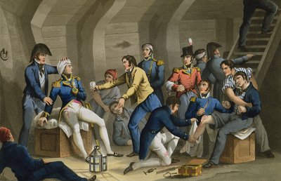 Cockpit, Battle of the Nile, som visar Nelson sårad i striden, graverad av Matthew Dubourg (fl.1813-20) från "Historic, Military and Naval Anecdotes", pub. av Edward Orme (1774-c.1820) 1817 (akvatint) av William (after) Heath