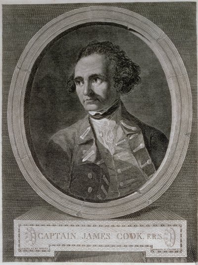 Porträtt av kapten James Cook (1728-79), från frontispicen på "Resan runt världen till sydpolen" (gravyr) av William (after) Hodges