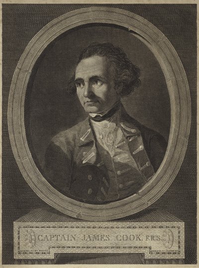 Porträtt av kapten James Cook (gravyr) av William (after) Hodges
