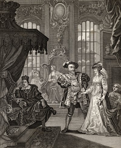 Henrik VIII och Anne Boleyn, graverad av T. Cooke, från "The Works of Hogarth", utgiven 1833 (litografi) av William (after) Hogarth