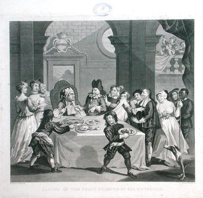 Sancho vid högtiden svält av hans läkare, graverad av Thomas Cook (1744-1818) (gravyr) av William (after) Hogarth