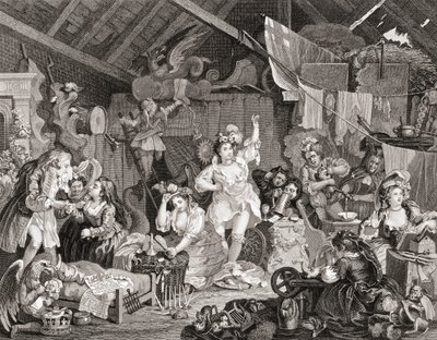 Strolling Players repeterar i en lada, graverad av G Presbury, från The Works of Hogarth publicerad London 1833 (s/v gravyr) av William (after) Hogarth