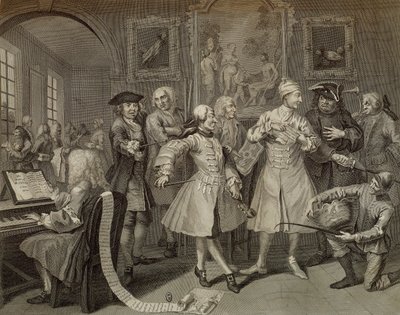Tom Rakewell omgiven av konstnärer och professorer, plåt II från The Rake