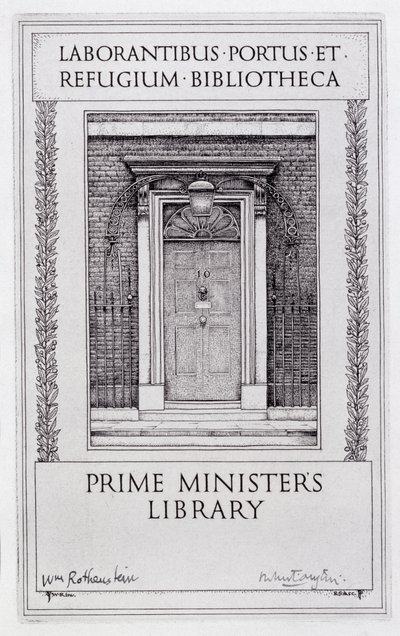 Boktavla för premiärministerns bibliotek, graverad av Robert Sargent Austin (1895-1973) (gravyr) av William (after) Rothenstein
