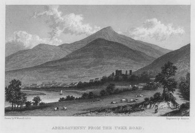 Abergavenny från Uske Road (gravyr) av William (after) Westall