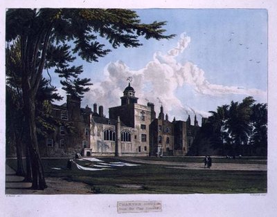 Charter House från Play Ground, från "History of Charter House School", en del av "History of the Colleges", graverat av William James Bennett (1787-1844) pub. av R. Ackermann av William (after) Westall