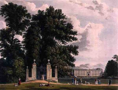 Ingång till Avenue från Clare Hall Piece (Kungarnas nya byggnad), Cambridge, från "The History of Cambridge", graverad av Joseph Constantine Stadler (fl.1780-1812), pub. av R. Ackermann av William (after) Westall