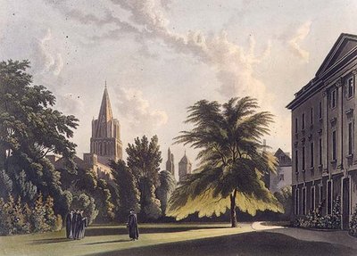 Exteriör av Corpus Christi College och Christ Church Cathedral, illustration från "Historien om Oxford", graverad av puben Joseph Constantine Stadler (fl.1780-1812). av R. Ackermann av William (after) Westall
