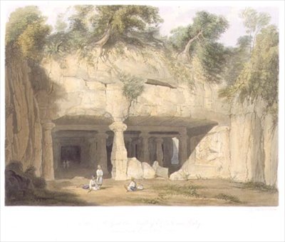 Exteriör av Great Cave Temple of Elephanta, nära Bombay, 1803, från volym II av "Scenery, Costumes and Architecture of India", graverad av S.G. Hughes, pub. av Smith, Elder and Company av William (after) Westall