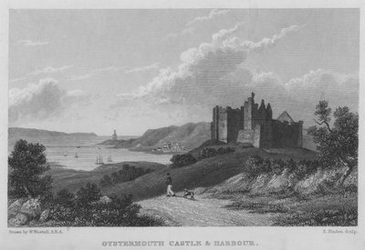 Oystermouth Castle and Harbour (gravyr) av William (after) Westall