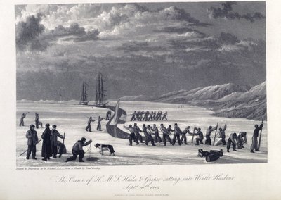 Besättningen på H.M.S. Hecla och Griper skär in i vinterhamnen, 26 september 1819, illustration från 