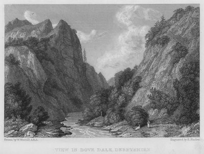Utsikt i Dove Dale, Derbyshire (gravyr) av William (after) Westall