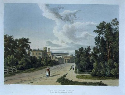 Vy över Rugby School från Northampton Road, från "History of Rugby School", en del av "History of the Colleges", ingraverat av Daniel Havell (1785-1826) pub. av R. Ackermann av William (after) Westall