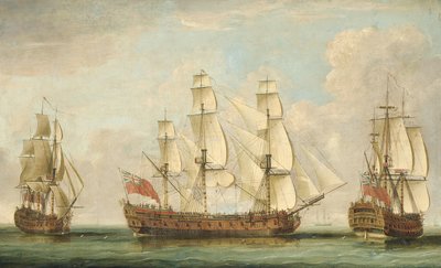 The Honourable [East India] Companys fartyg Bessborough i tre positioner i kanalen med sina däck fulla av människor (olja på duk) av William (attr. to) Elliott