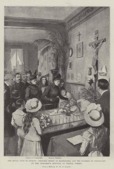 Det kungliga besöket i Dublin, prinsessan Henry av Battenberg och hertiginnan av Connaught på barnsjukhuset på Temple Street litho av William A. Donnelly