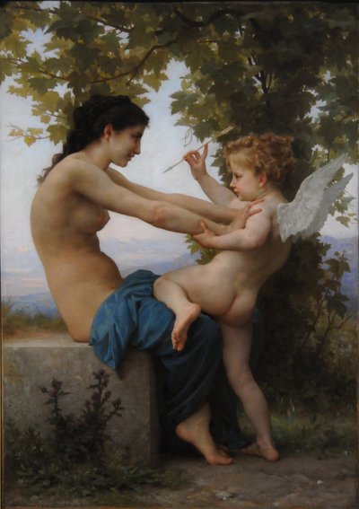 En ung flicka som försvarar sig mot Eros, 1880 av William Adolphe Bouguereau
