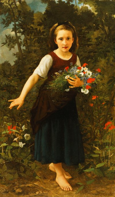 Liten flicka vid bäcken med en bunt av blommor, 1886 av William Adolphe Bouguereau