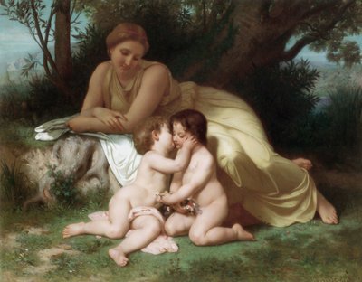 Ung kvinna betraktar två omfamnande barn av William Adolphe Bouguereau