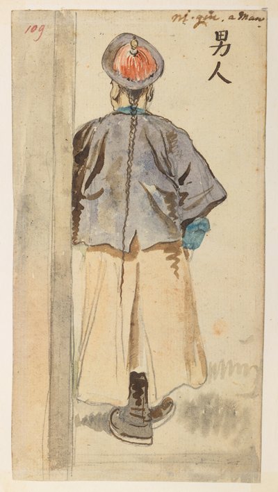 109 kinesisk figurstudie, från ett album med 372 teckningar av landskap, kustlinjer, kostymer och vardagsliv gjorda under Lord Macartneys ambassad till kejsaren av Kina, mellan 1792 och 1794 (penna och akvarell på papper) av William Alexander