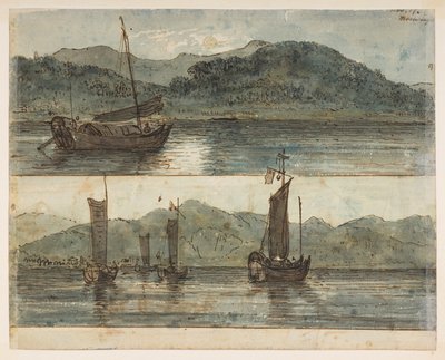 146v flodscen. "Månsken 17 nov."  , från ett album med 372 teckningar av landskap, kustlinjer, kostymer och vardagsliv gjorda under Lord Macartneys ambassad till Kinas kejsare, mellan 1792 och 1794 (penna och akvarell på papper) av William Alexander