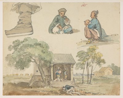 165 Figurstudier och helgedom.  , från ett album med 372 teckningar av landskap, kustlinjer, kostymer och vardagsliv gjorda under Lord Macartneys ambassad till Kinas kejsare, mellan 1792 och 1794 (penna och akvarell på papper) av William Alexander