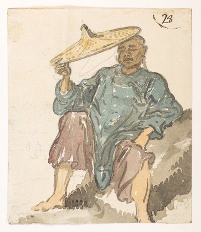 28 Sovande figur, troligen från Turonbukten.  från ett album med 372 teckningar av landskap, kustlinjer, kostymer och vardagsliv gjorda under Lord Macartneys ambassad till Kinas kejsare, mellan 1792 och 1794 (penna och akvarell på papper) av William Alexander