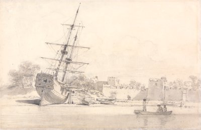 Ett litet segelfartyg ritat upp på stranden nedanför några befästa byggnader av William Alexander