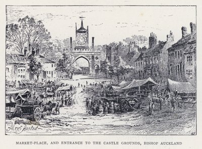 Marknadsplats och ingång till slottsområdet, biskop Auckland (gravyr) av William Alexander Ansted