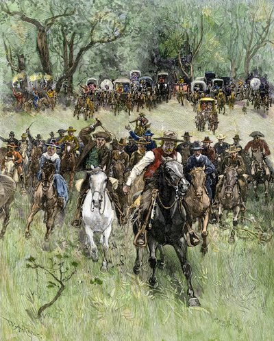 Förenta staterna, Oklahoma State: West Conquete. Ägare lastar vid signal i västra Oklahoma under landrusningen av William Allen (after) Rogers