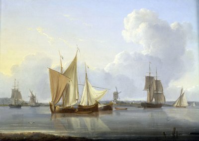 Ankomst till Limehouse, London (England), olika båtar på Themsen och en kvarn på stranden samt till höger Greenwich Hospital. Olja på duk, ca 1820, av William Anderson (1750-1778). av William Anderson