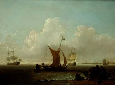 Holländsk sjöfart utanför Hollands kust med fiskare som lastar en båt från land av William Anderson