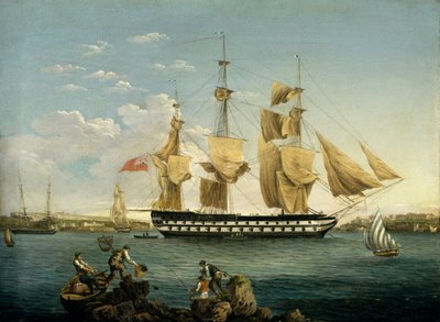 Fartyget HMS "Duncan" i Mahon (på ön Menorca, Spanien). Olja på trä av William Anderson