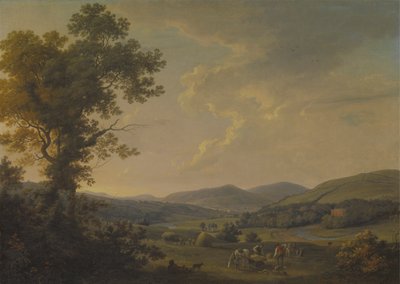 Landskap med hömakare och en avlägsen utsikt över ett georgiskt hus av William Ashford