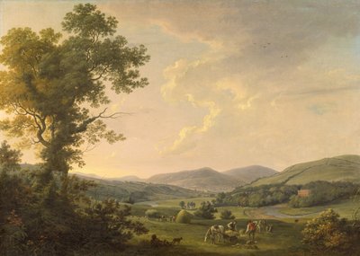Landskap med hömakare och en avlägsen vy av ett georgiskt hus, ca 1780 (olja på duk) av William Ashford