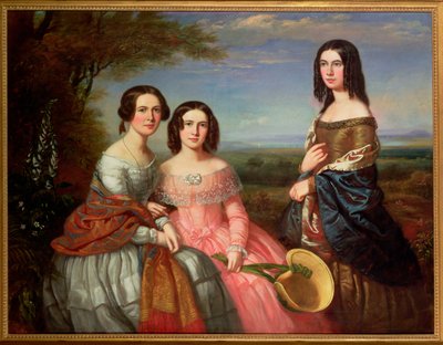 Ett gruppporträtt av tre flickor, tre fjärdedels längd, i ett landskap, 1849 av William Baker
