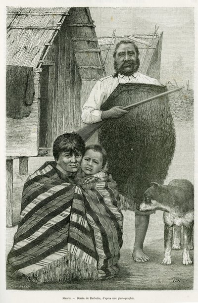 Tre generationer maori. Gravyr av Barbotin, för att illustrera berättelsen Voyage to New Zealand, 1889, av G. Verschuur, i The Round the World 1890, regisserad av Edouard Charton (1807-1890), Hachette, Paris. av William Barbotin